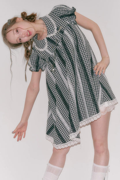 Retro Plaid Lace Puff Sleeve Dress
