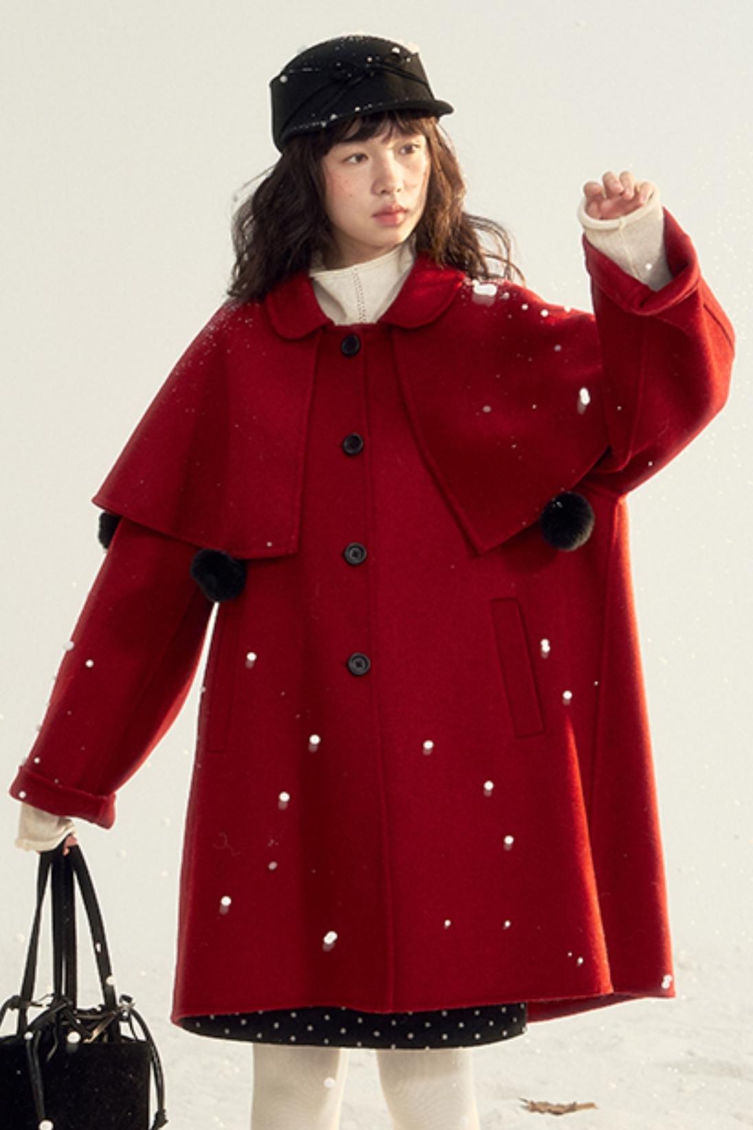 Detachable Cape Red Wool Coat