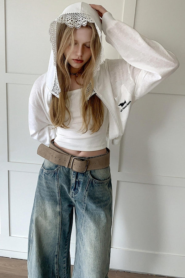 Lace-Trimmed Hooded Cardigan Set