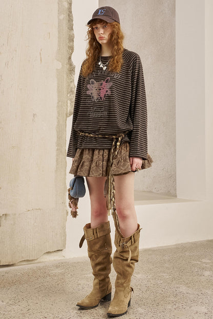 Bear Print Striped Long Sleeve T-Shirt