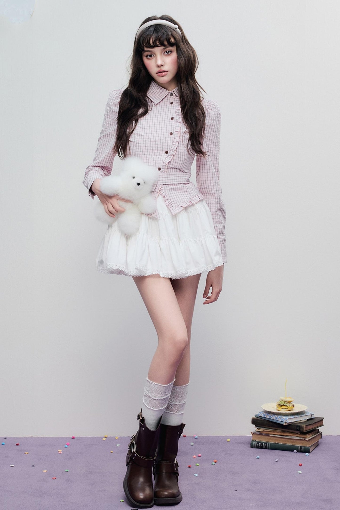 Spring Slim Plaid Ruffle Tie Shirt