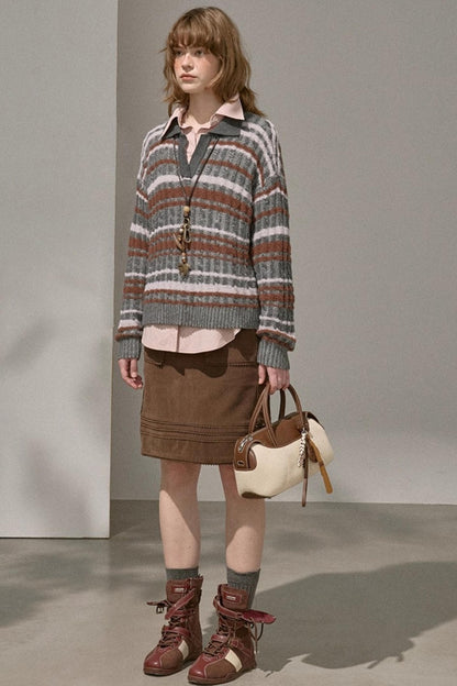 Cable Striped Pullover Sweater