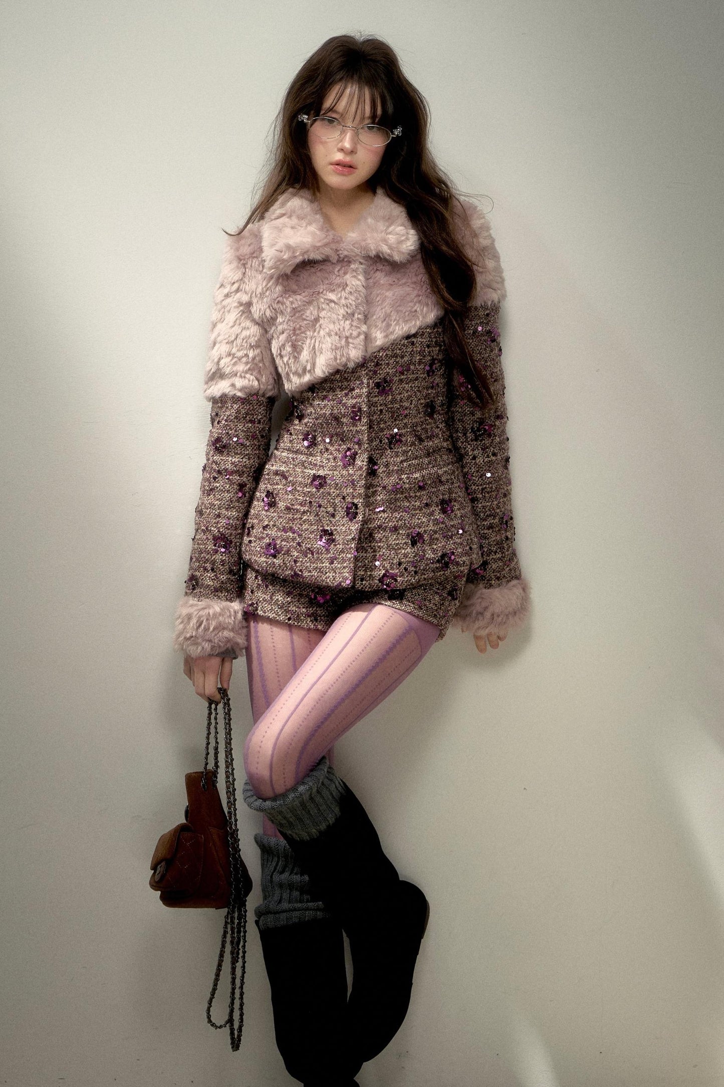 Retro Chic Purple Sequin Tweed Suit Set-Up