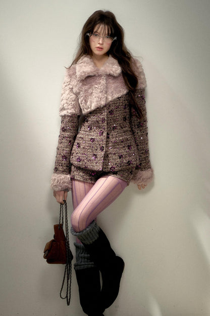 Retro Chic Purple Sequin Tweed Suit Set-Up