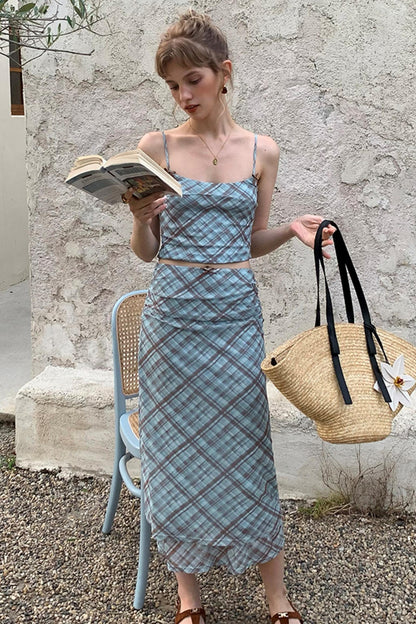 Vintage Checked Camisole Maxi Skirt Set-Up