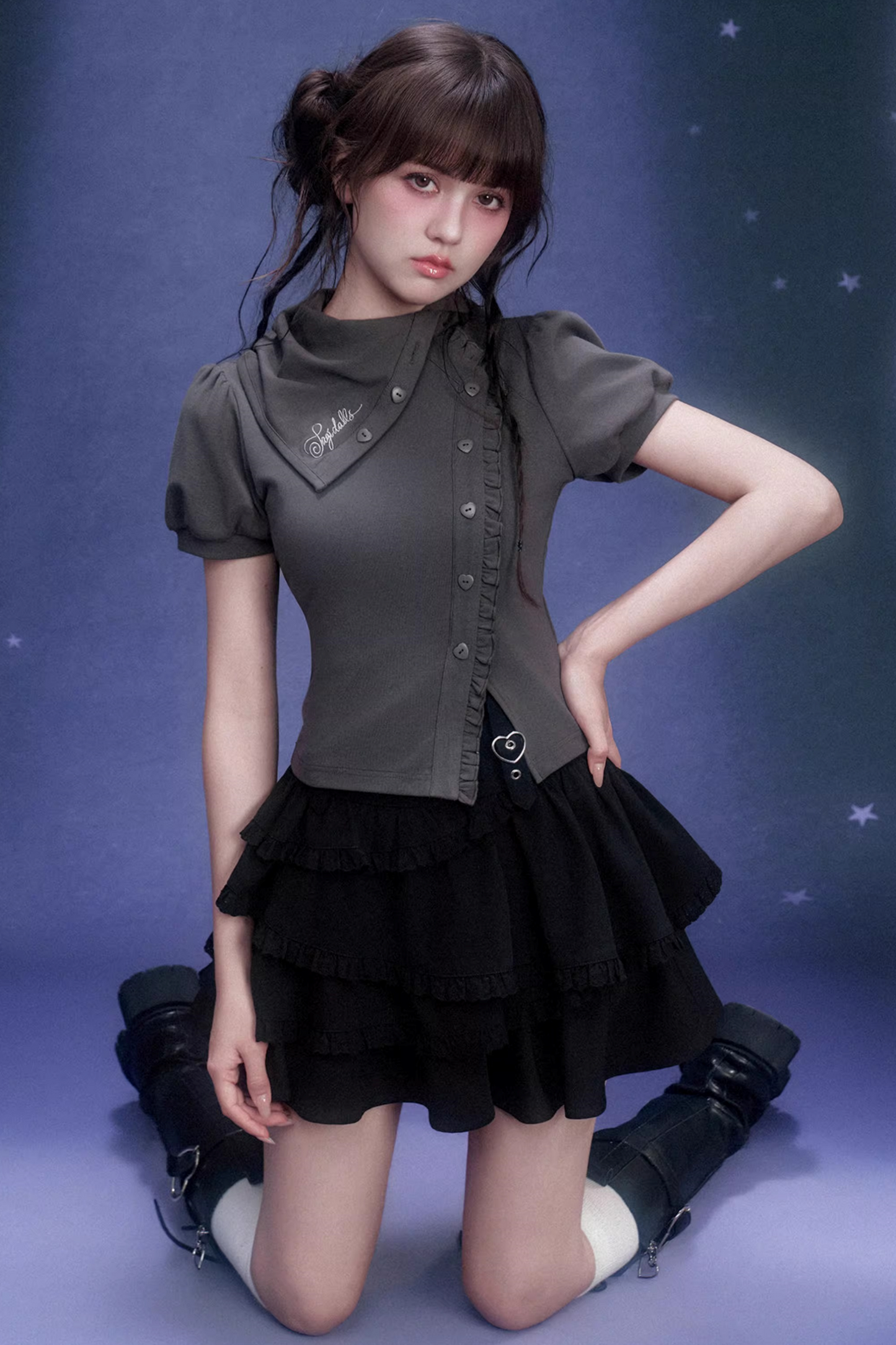 Gray Diagonal Placket Blouse