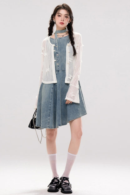 Elegant Ribbon Denim Dress