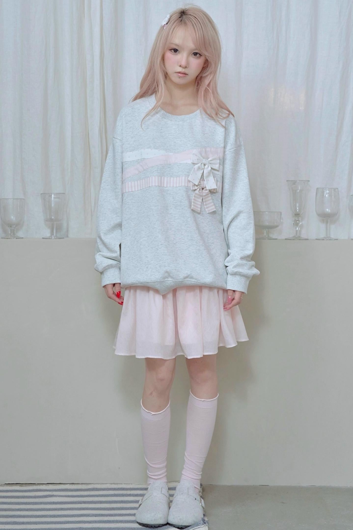 Cotton Bow Patchwork Sweatshirt