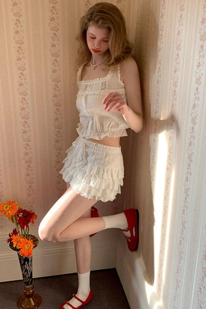 Square-Neck Vest Cropped A-Line Puffed Skirt Set-Up