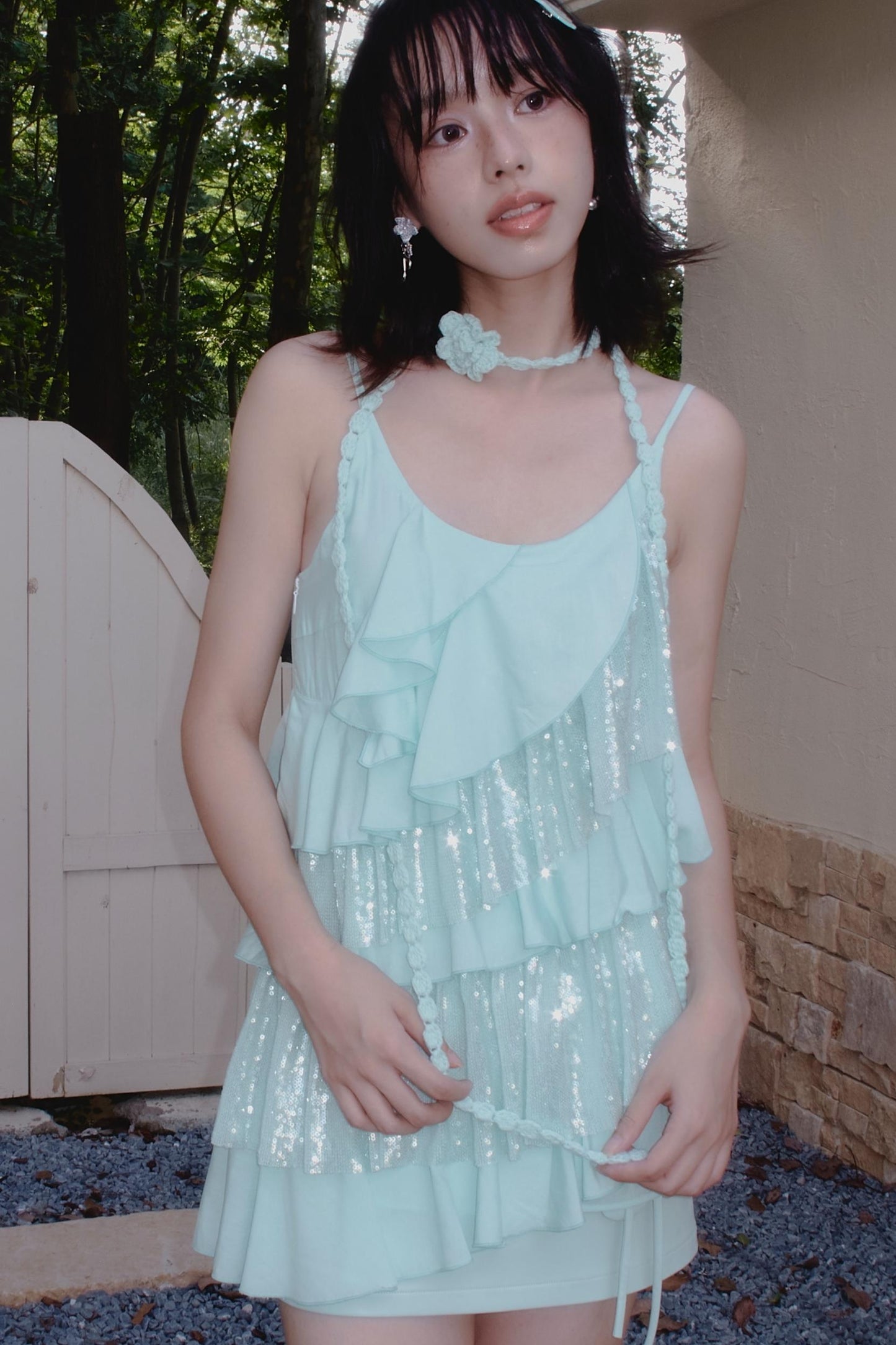 Green Sequin Ruffled Suspender Top