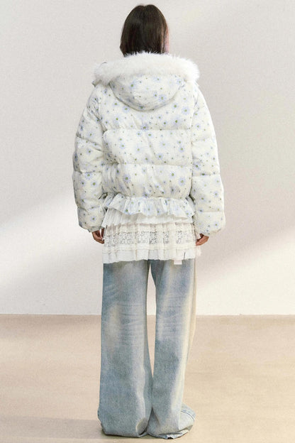 Fur Collar Daisy Print Jacket