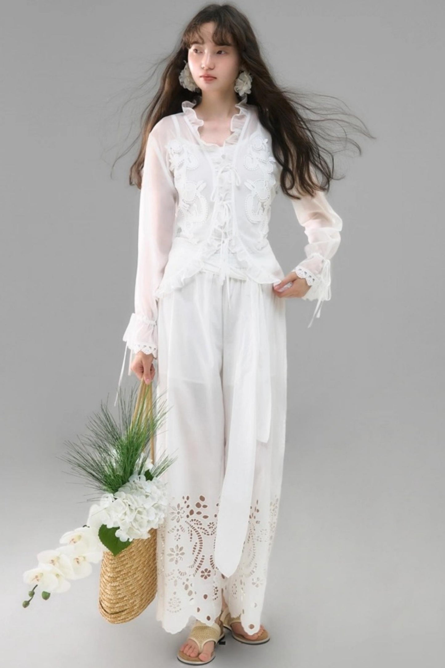 Autumn Lace-Up V-Neck Embroidered Shirt