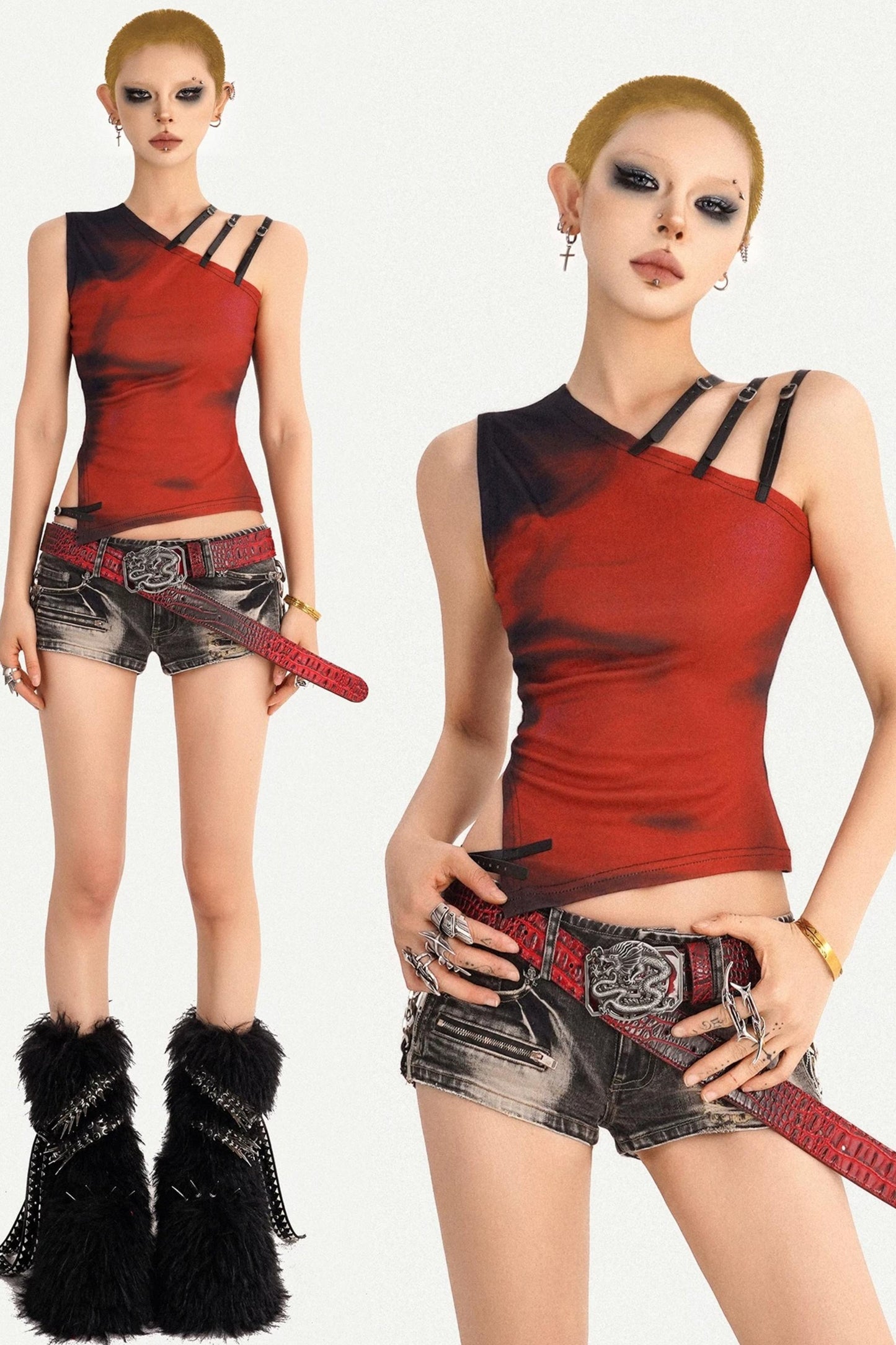 Asymmetrische rote Weste mit gedrehtem Detail
