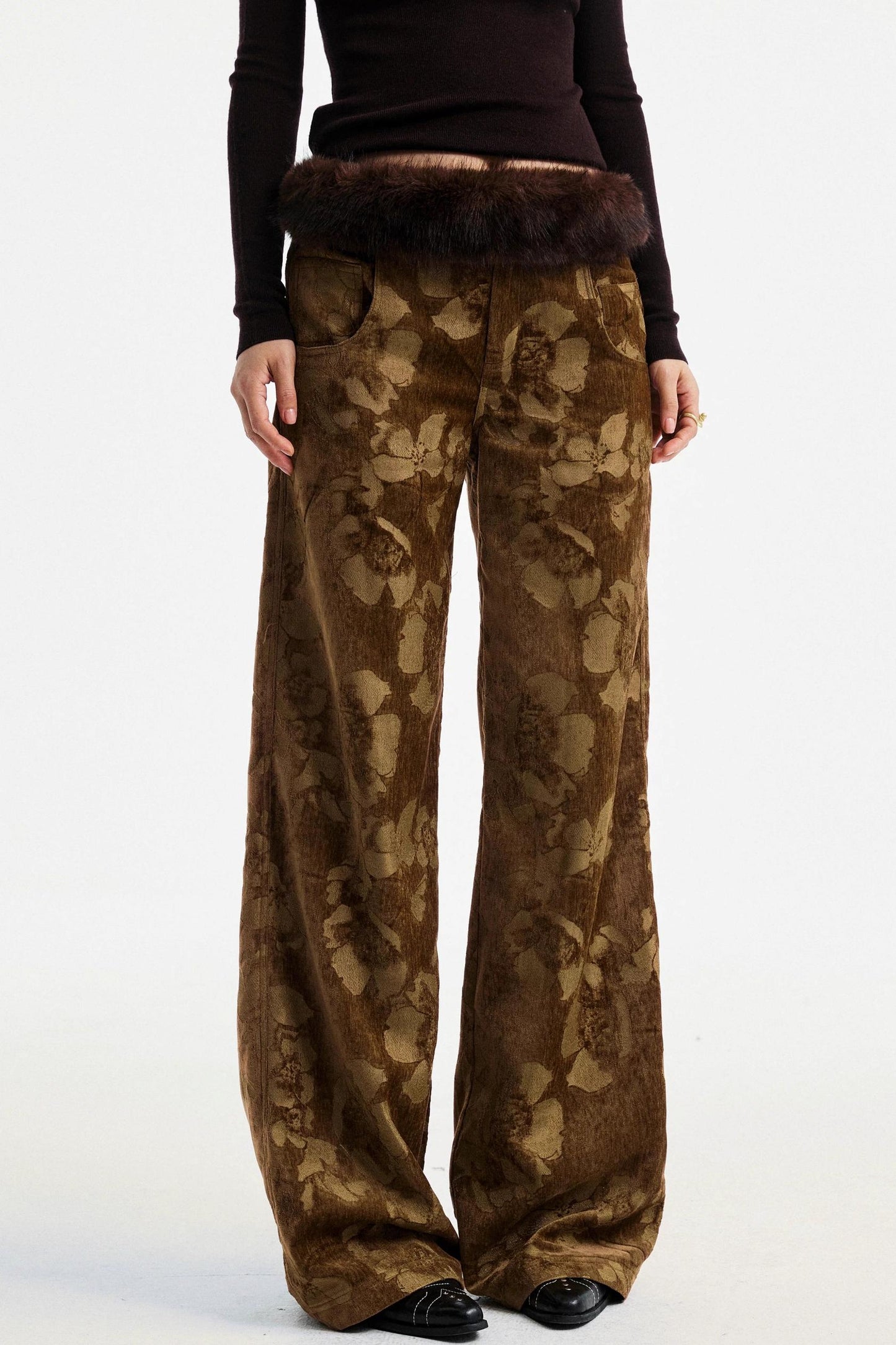Brown Floral Jacquard Pants
