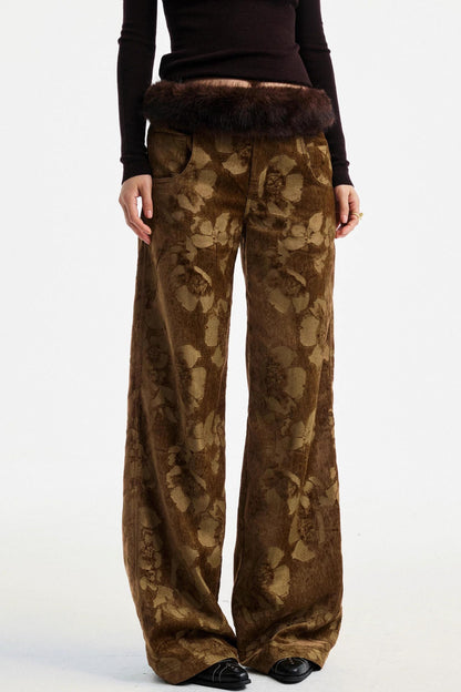 Brown Floral Jacquard Pants