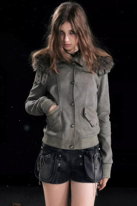 Aged Vintage Detachable Fur Hooded Coat