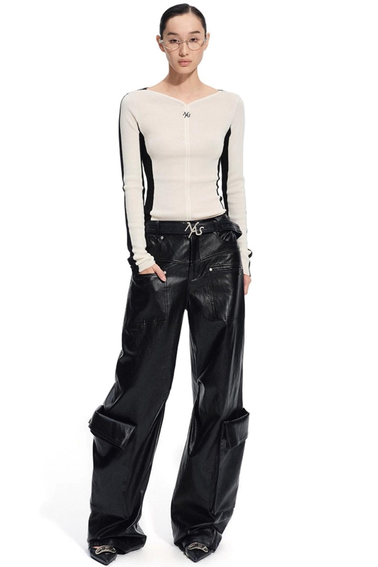 Punk Pebbled Wide-Leg Leather Pants