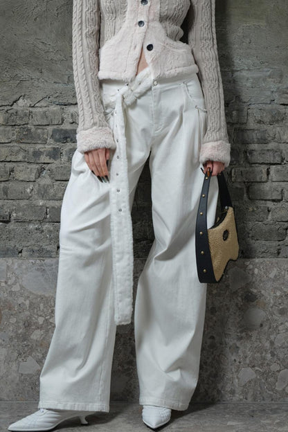 Thick Denim Slant Belt Wide Pants