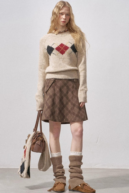 Split Wool Plaid A-Line Skirt