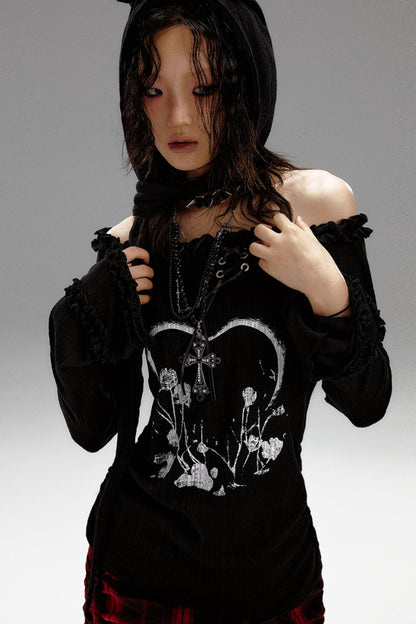 Retro Slim Print Hooded Knit Top