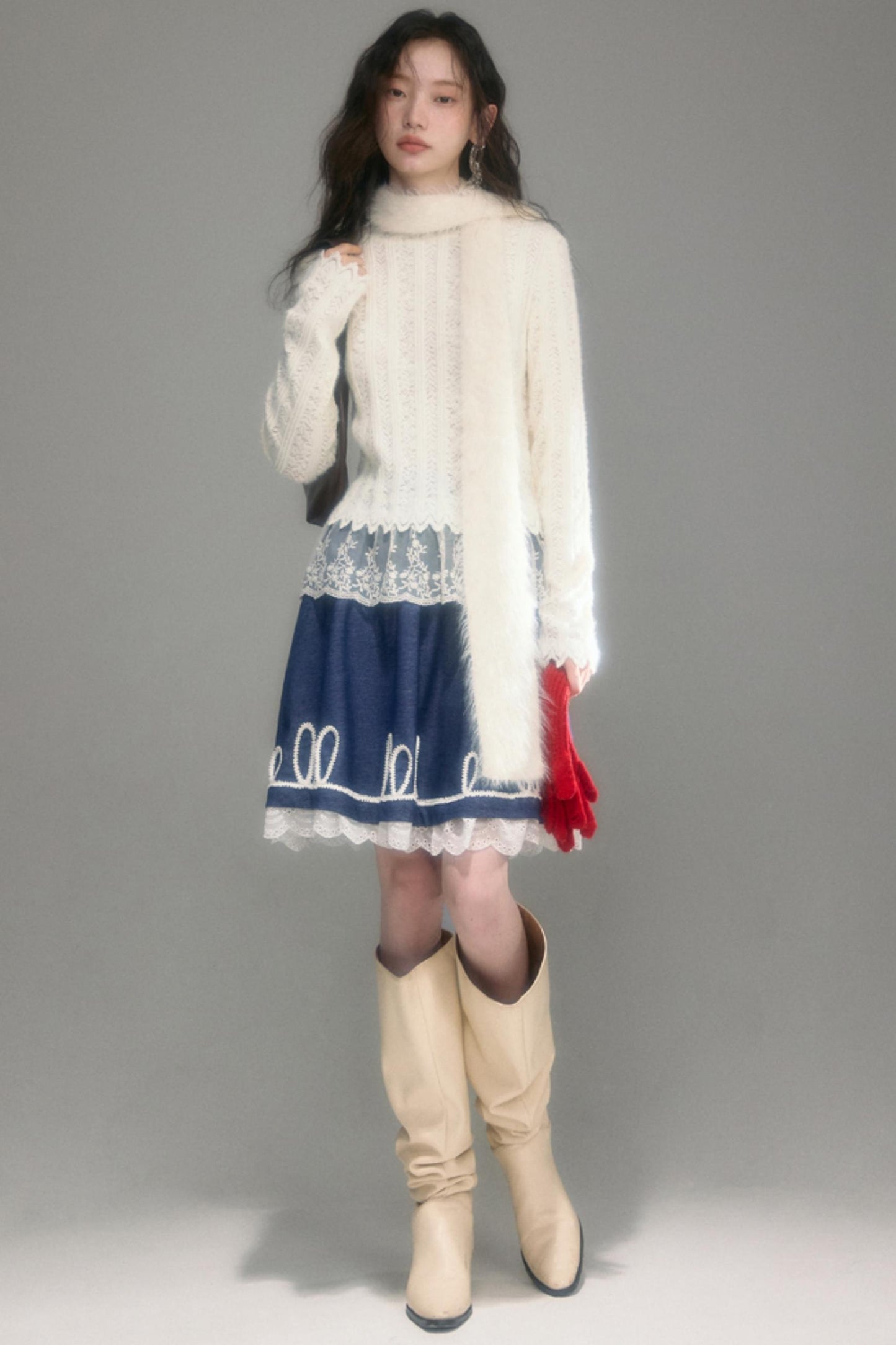 Embroidered Patchwork Denim A-Line Skirt