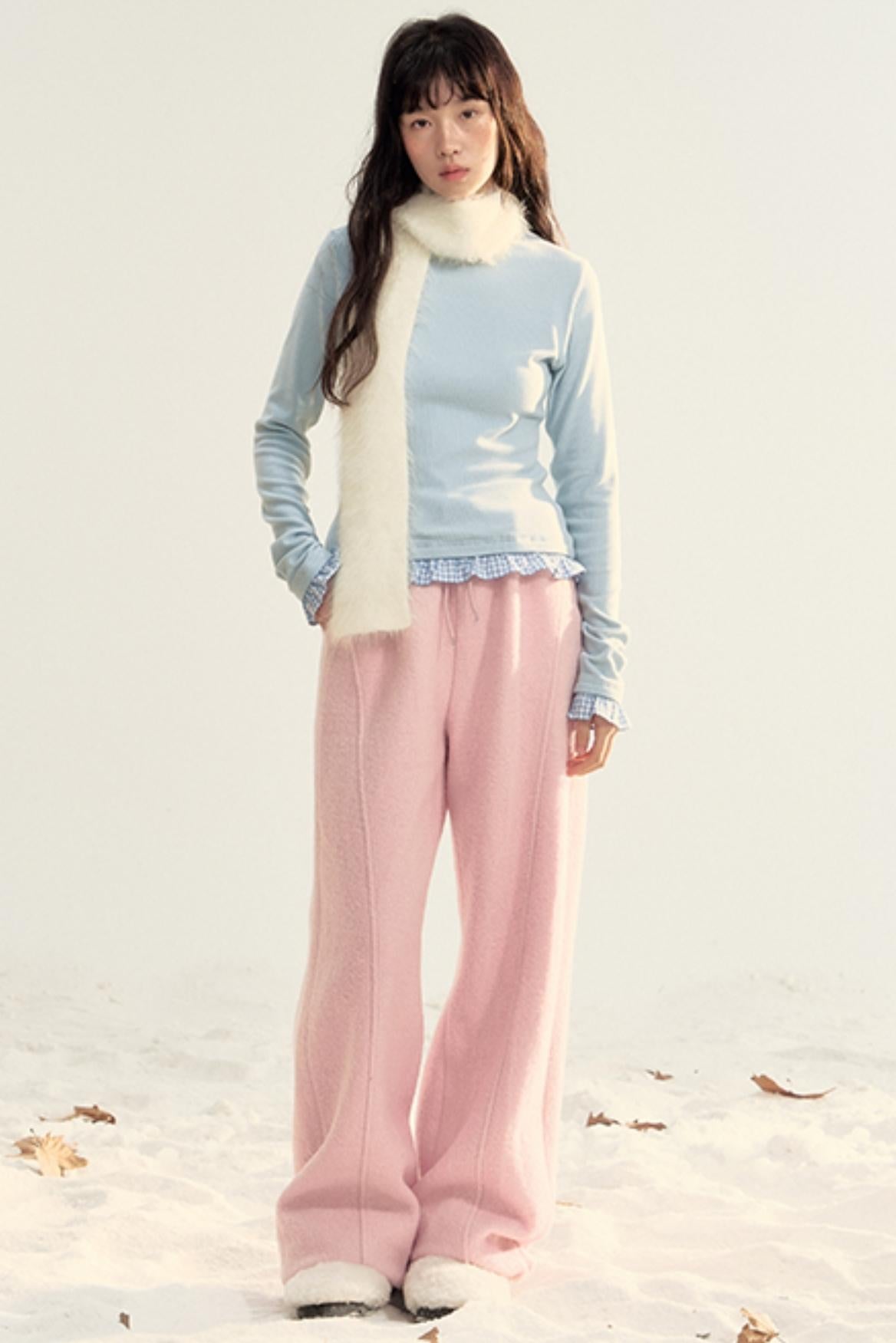 Pink Woolen Drawstring Casual Pants