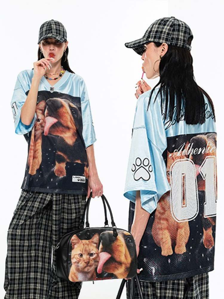 Dog & Cat Print Oversized V-Neck T-Shirt