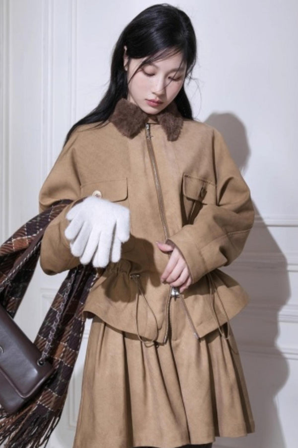 Hazelnut Bat Sleeve Furry Jacket Set-Up