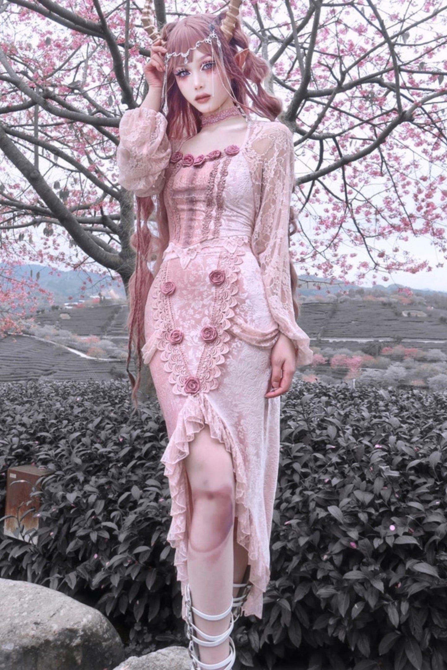 Gothic Lotus Pink Velvet Mermaid Top Set-Up