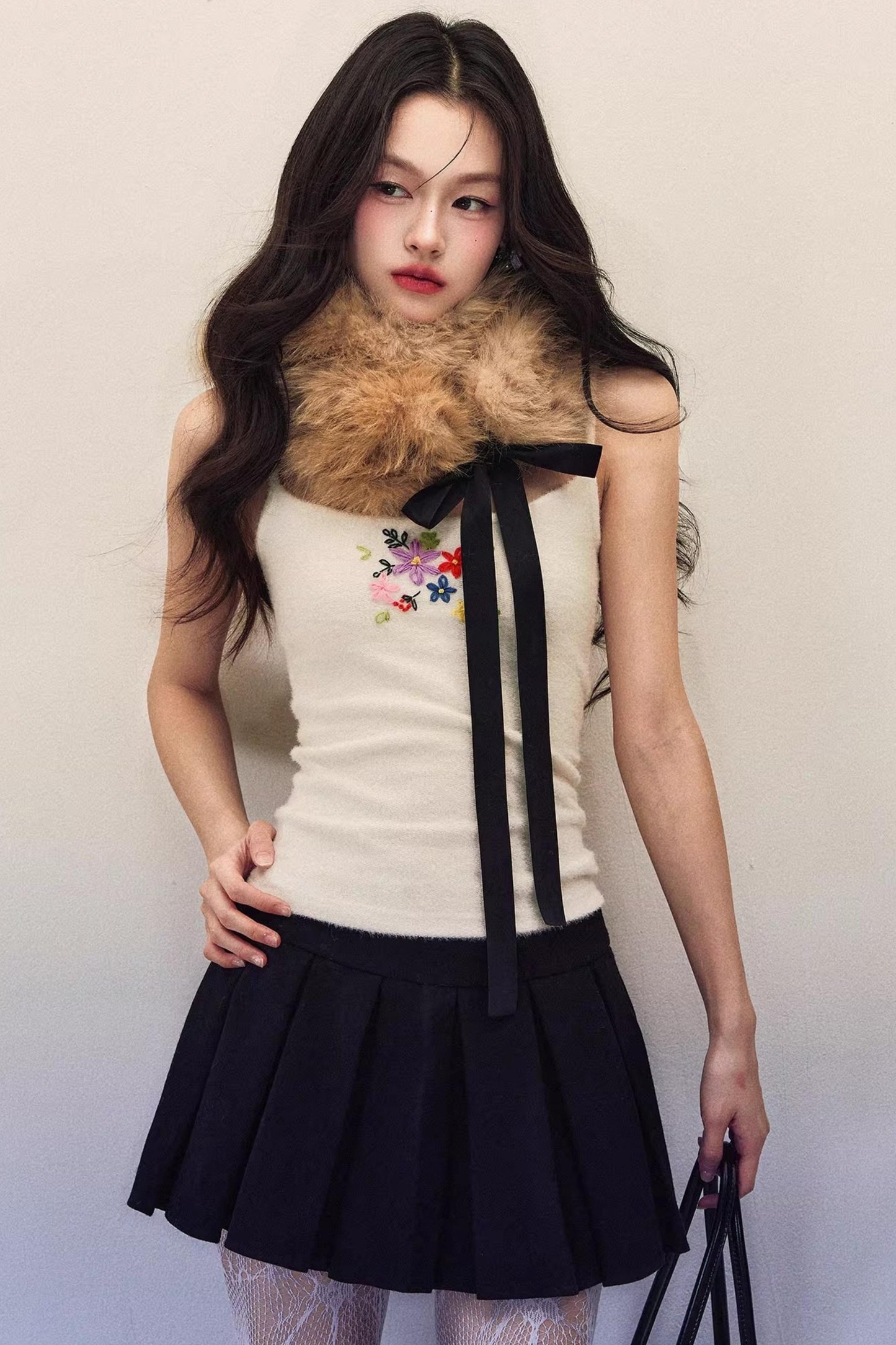 Black and White Wool Pleated Skirt