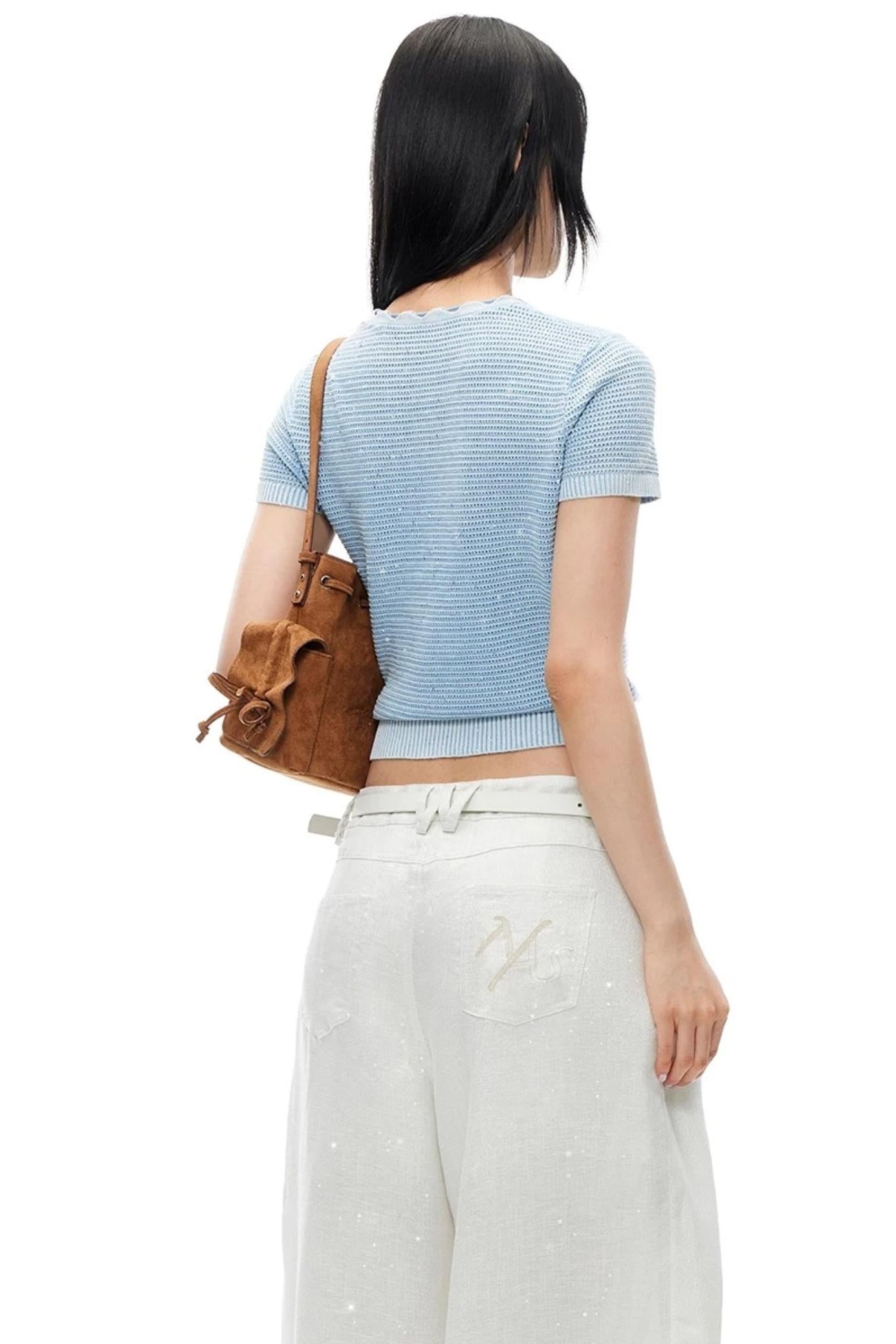 Vintage Openwork Knit V-Neck Tie-Up T-Shirt