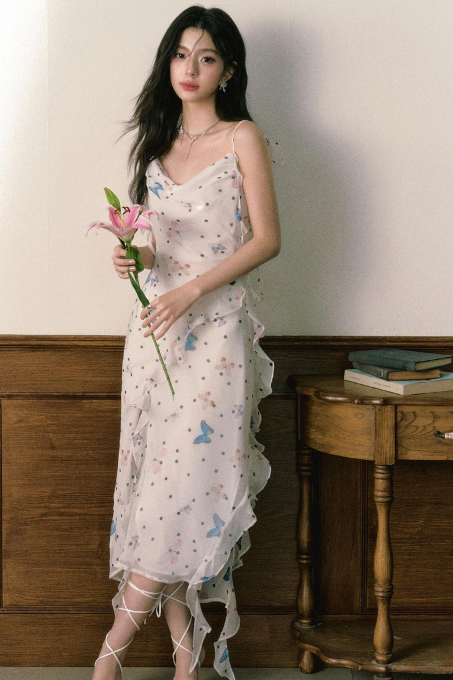 Butterfly Floral Halter Chiffon Maxi Dress