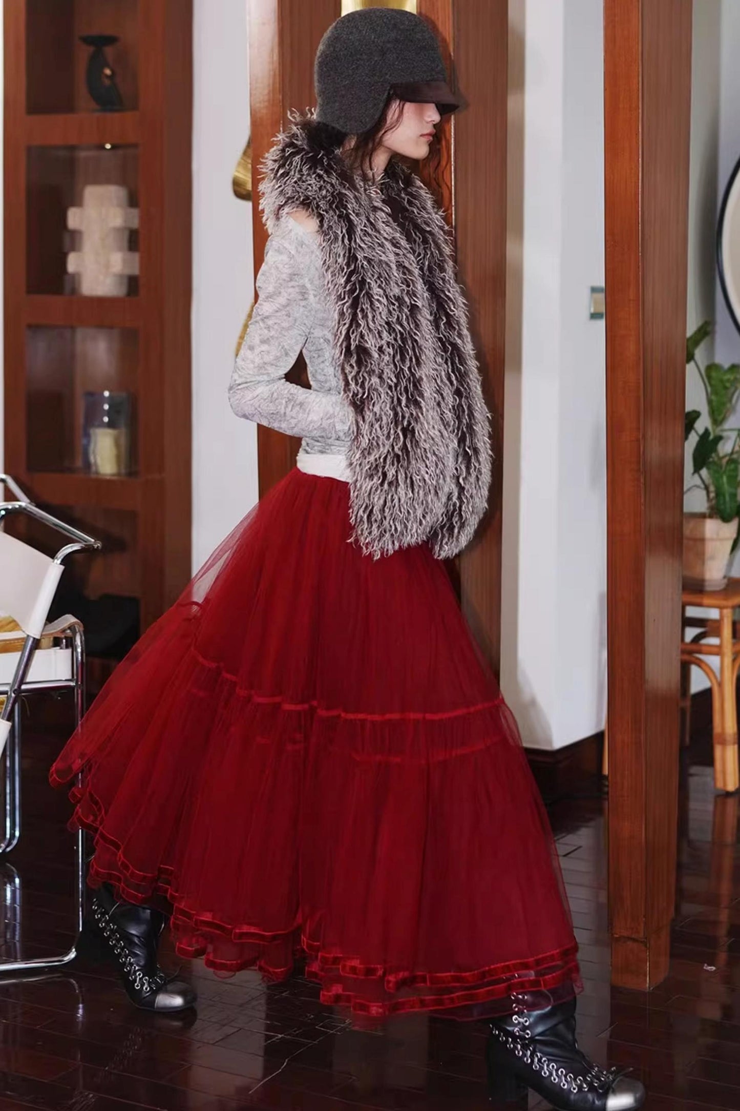 Autumn Mesh Puffy Long Skirt