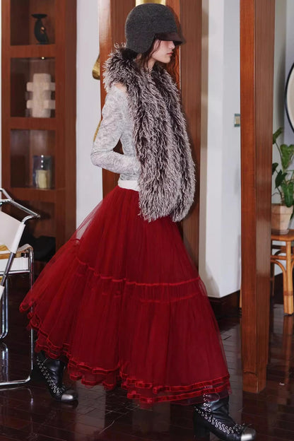 Autumn Mesh Puffy Long Skirt