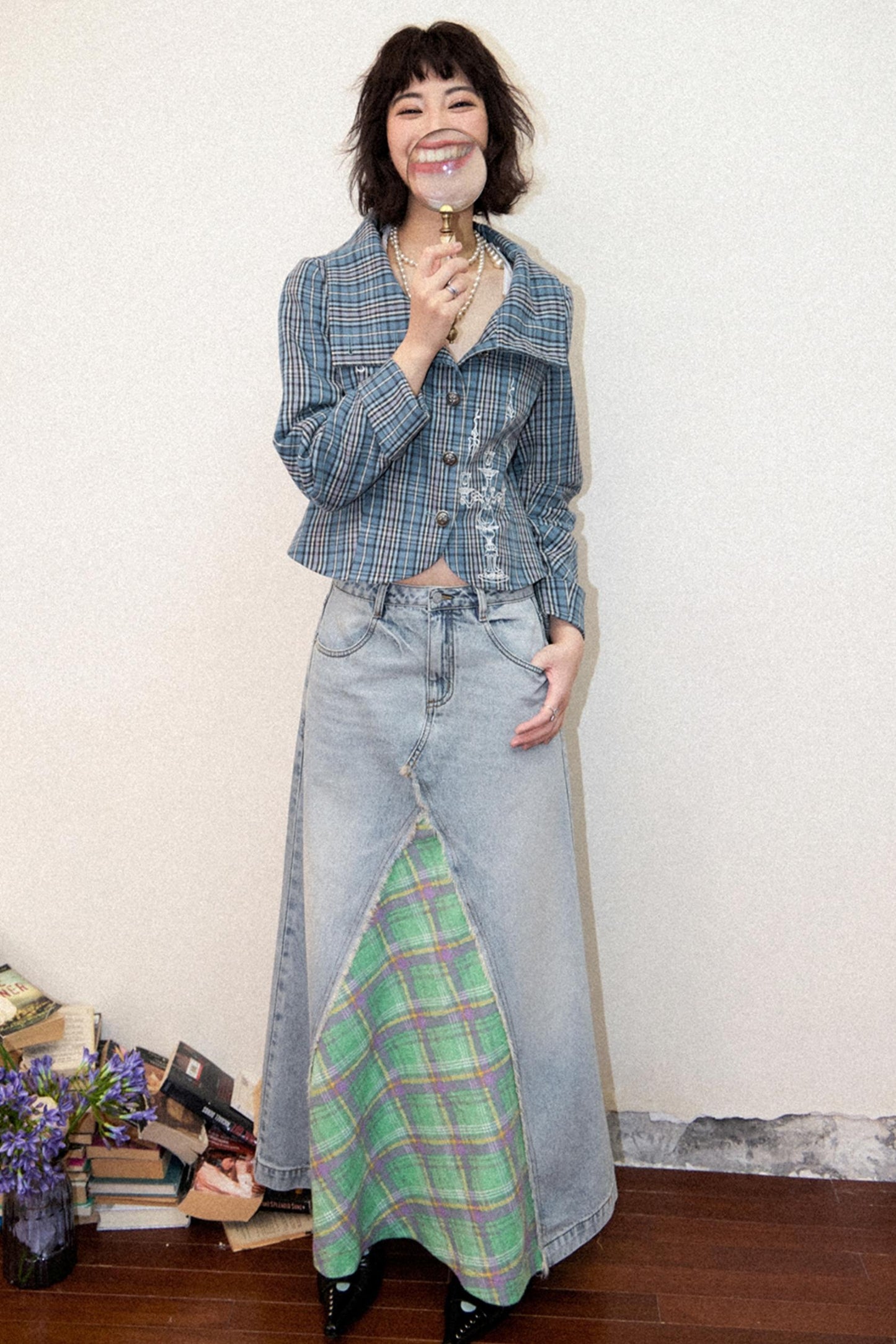 Plaid Embroidered Blazer Top