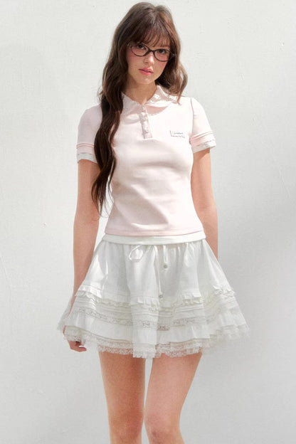 Embroidered Collar Pink Polo Shirt