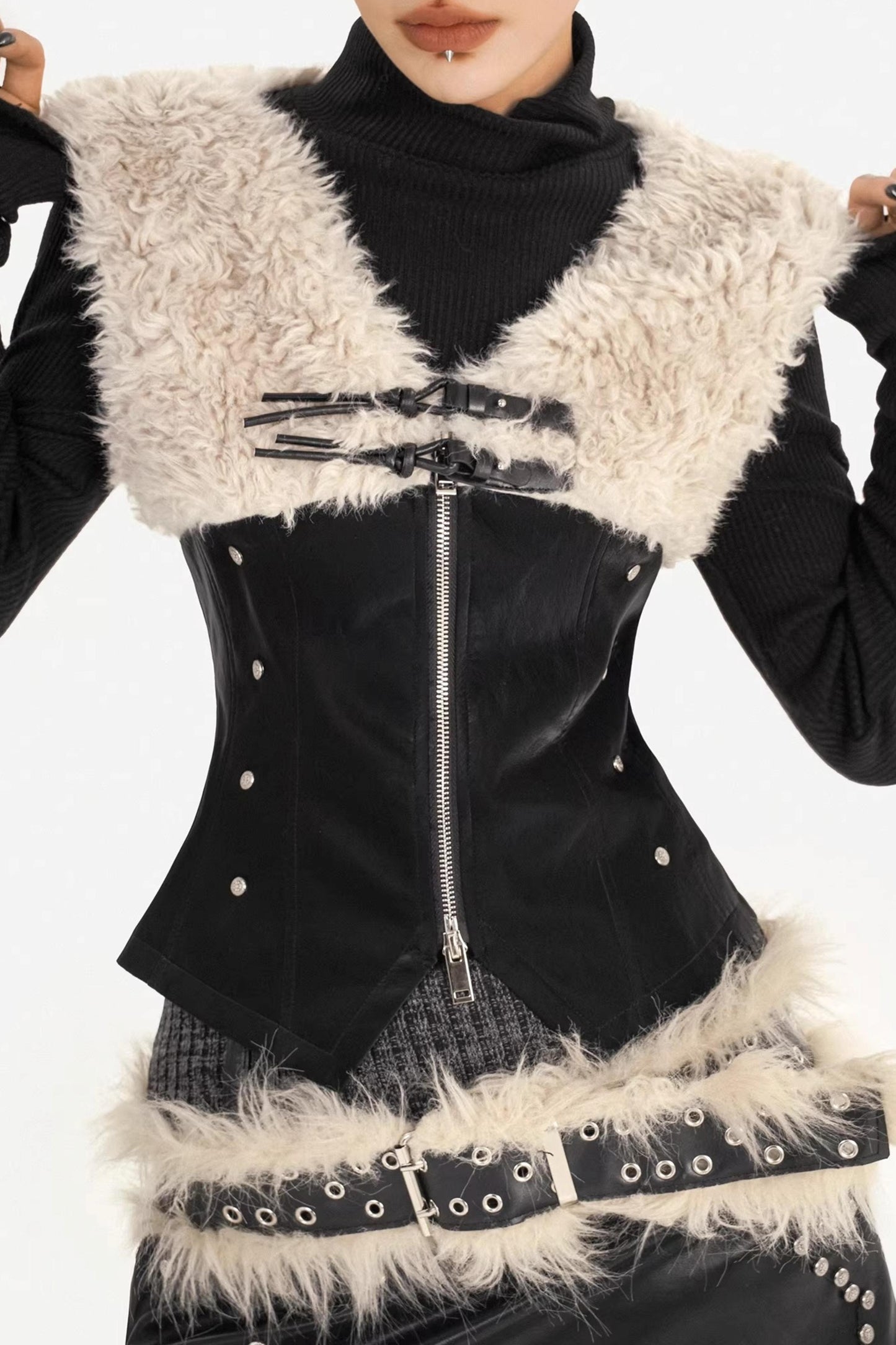 Plush Patchwork Leather Vest Jacket Set