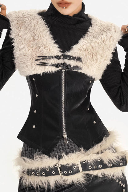Plush Patchwork Leather Vest Jacket Set