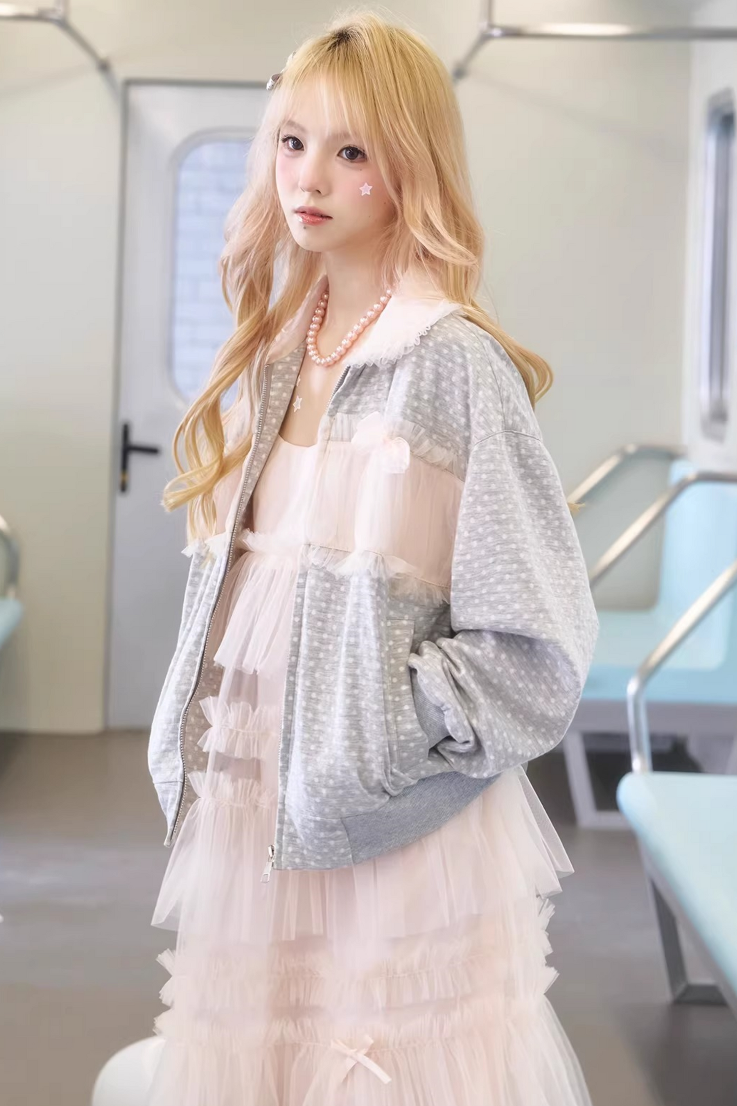 Polka Dot Knit Patchwork Jacket