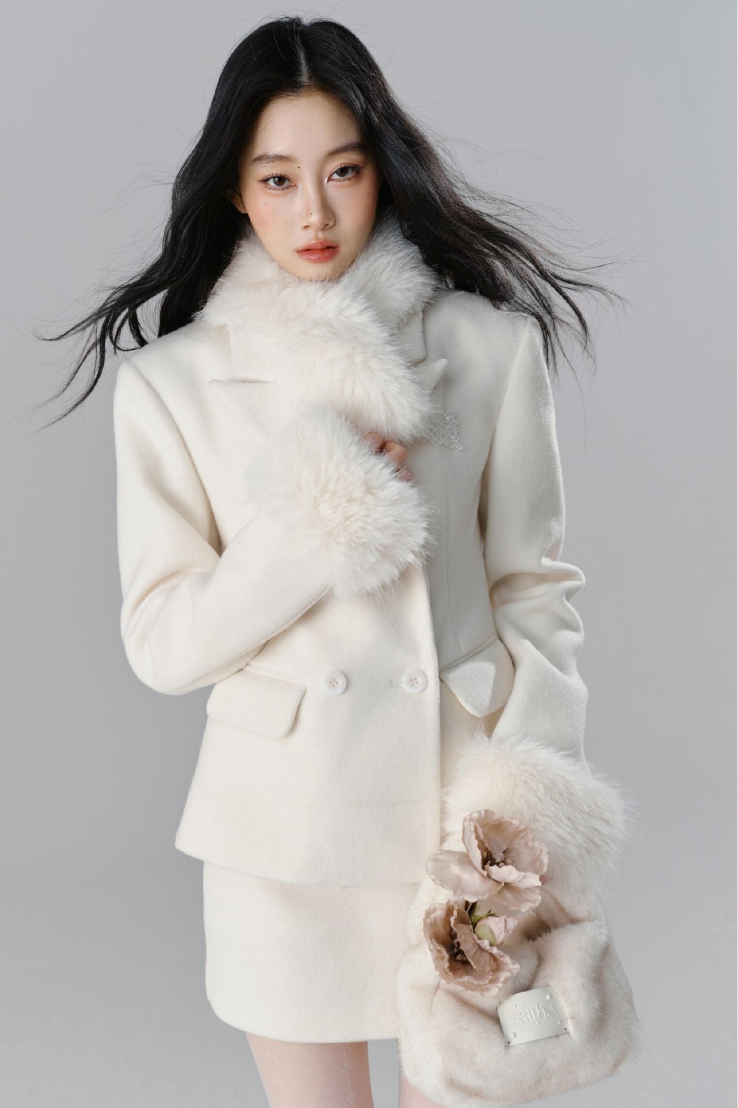 Fur Collar Blazer & Skirt Set-Up