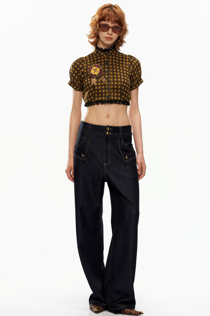 Yellow and Black Plaid Puff Sleeve Top