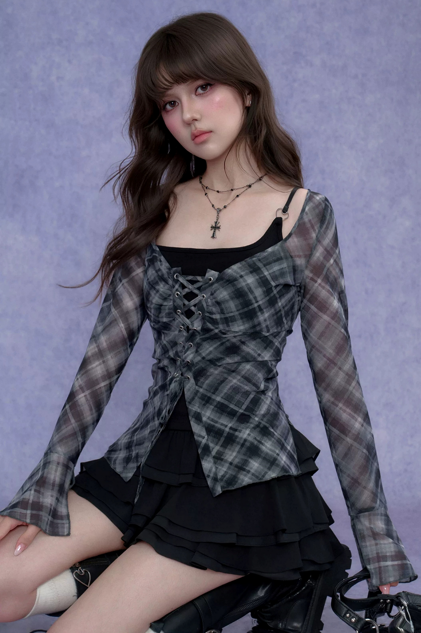 Gray Plaid Tie-Neck Top Set-Up