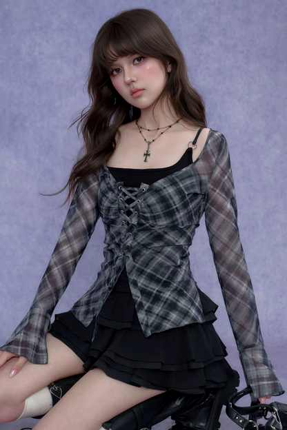 Gray Plaid Tie-Neck Top Set-Up