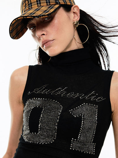 Rhinestone Numbers High Neck Mesh Vest