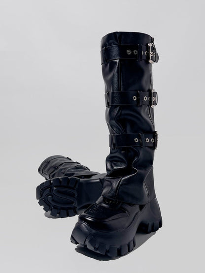 Y2K Punk Style Triple Belt High Heel Long Boots