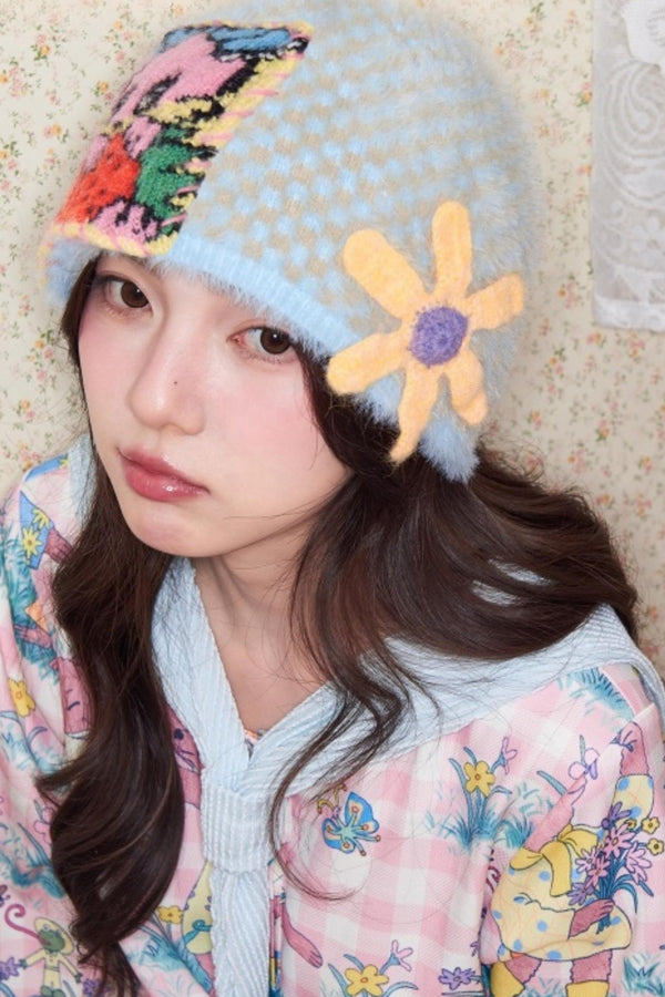 Blue Rabbit Flower Knitted Hat