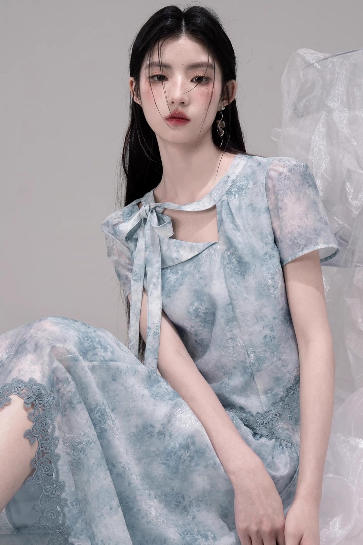 Blue Bow-Collar Shirt & Cutout Skirt Set