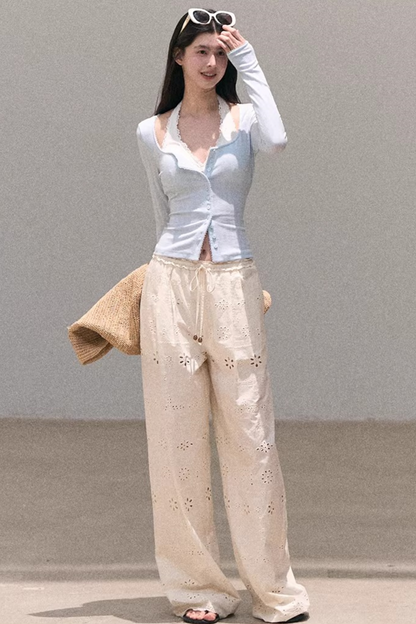 Hollow-Out Ribbed Knit Cardigan