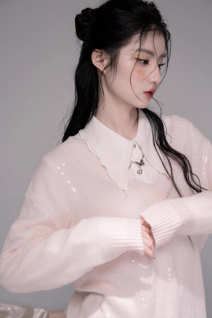 별 핑크 V넥 스웨터