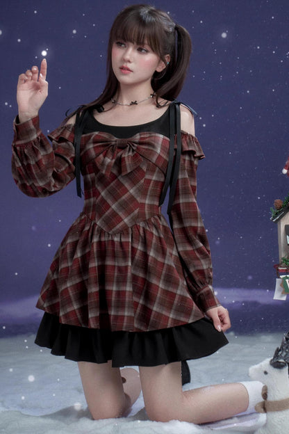 Plaid Fake Two-Piece Christmas Dress